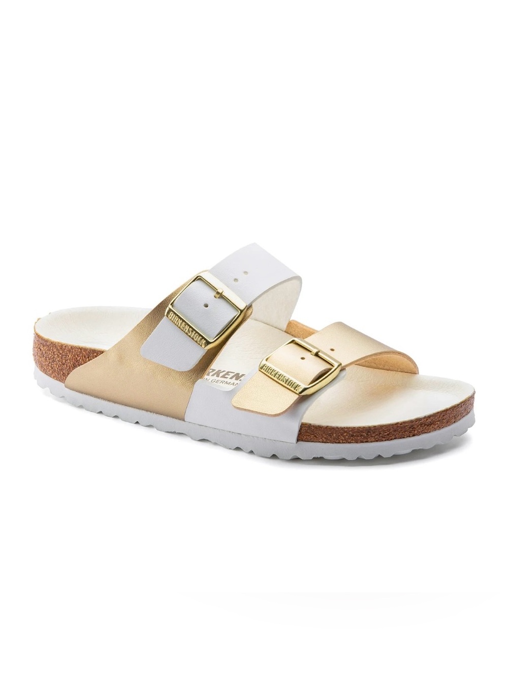 Birkenstock Arizona Split Slide Sandal in White Gold Birko-Flor Size 37